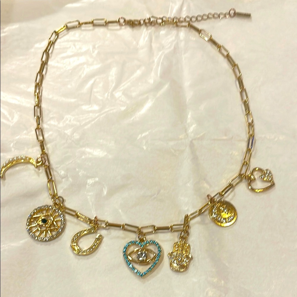 Gold Charm Necklace with Heart and Hamsa Accents